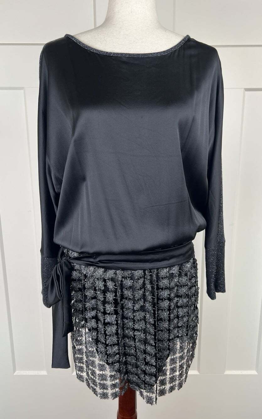 Hale Bob Silk Metallic Lurex Cutout Blouson Party Dress Black Silver M Unique